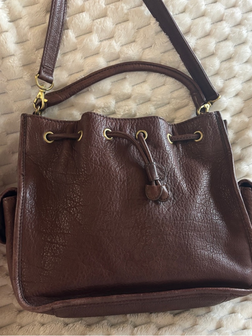 Fossil Brown Pebbled Leather Bucket Bag Drawstring Shoulder Crossbody